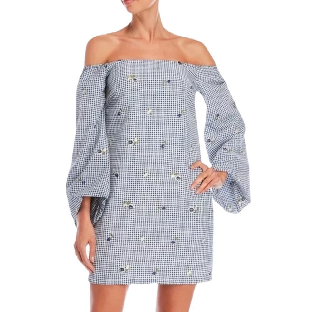 LUCY PARIS Gingham Floral Embroidered Off Shoulder Stripe Mini CasuAl Dress